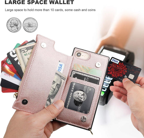Bocasal Crossbody Wallet Case for iPhone SE 2022/SE 2020/7/8, Shockproof Purse Cover with Card Holder, Rose Gold