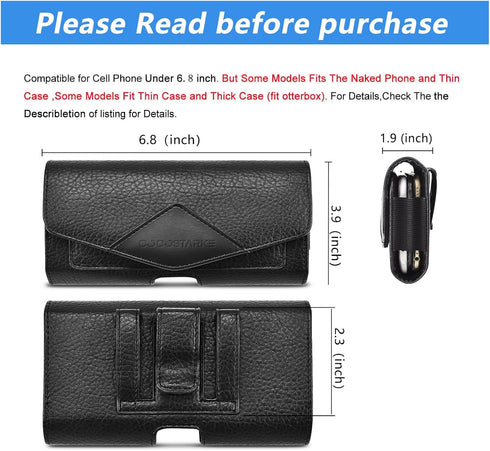 Leather Dual Phone Holster with Belt Loop for 2 Phones, Horizontal Two Phone Belt Holder for Men, Black for