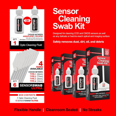 Sensor Cleaning Swab Kit with Eclipse Optic Cleaning Solution (0.5oz/15ml) + Type-4 Sensor Swab Ultra 33mm (Pack of 6)