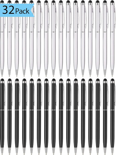 32 Pieces Stylus Pen for Touch Screens - 2 in 1 Universal Ballpoint Fine Tip Metal Pens, Black Ink for Most Capacitive