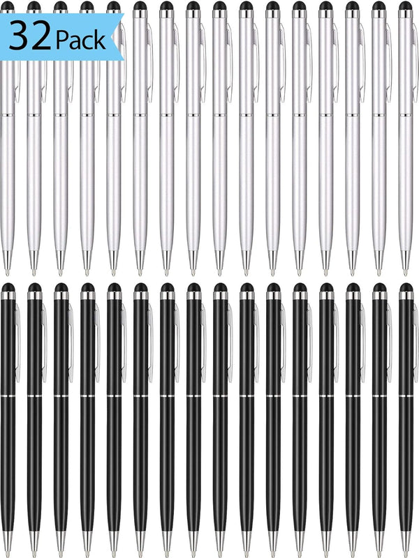 32 Pieces Stylus Pen for Touch Screens - 2 in 1 Universal Ballpoint Fine Tip Metal Pens, Black Ink for Most Capacitive
