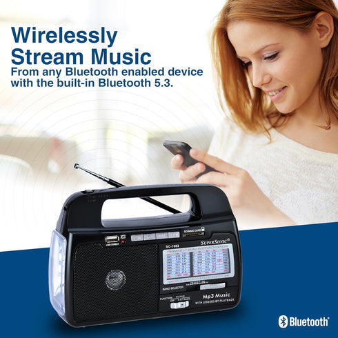 Supersonic 9 Band AM/FM/SW 1-7 Portable Radio, High Sensitivity Receiver, Rechargeable Battery, Torch Light