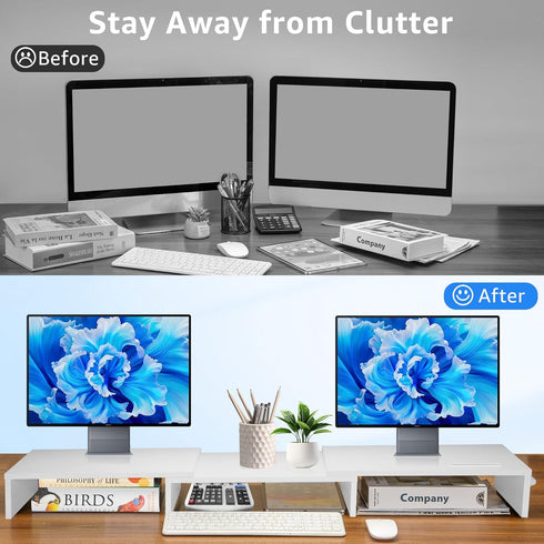 Dual Monitor Stand Riser for 2 Monitors, Adjustable Wooden Desktop Organizer Stand with Smartphone Holder, White