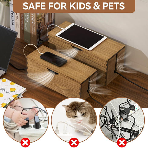 Kirigen Cord Management Box - Wooden Cable Organizer to Hide Power Strips and Electrical Plugs (Set of 2, Dark Brown)