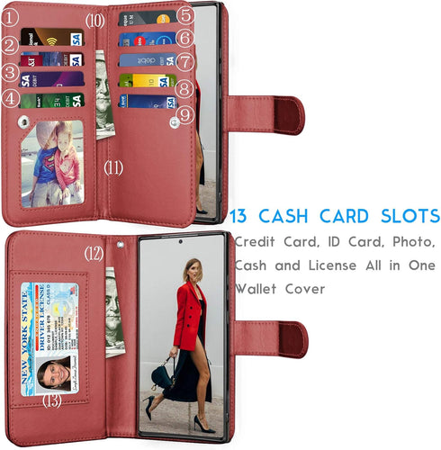 Galaxy Note 20 Ultra Case, Luxury Wallet Case with Cash & Credit Card Slots, Detachable Magnetic Hard Cover (Wine Red)