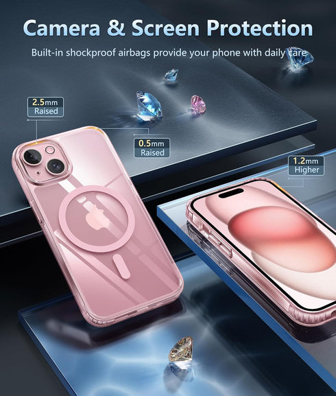 FNTCASE iPhone 15 Case: Rugged Shockproof Bumper, Military Grade Drop Protection, Anti-Yellowing, 6.1" Clear PinkRing.