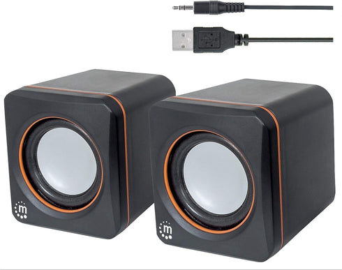 Manhattan USB Powered Stereo Speaker System, Small Size with Volume Control & 3.5 mm Aux Plug, Black Orange