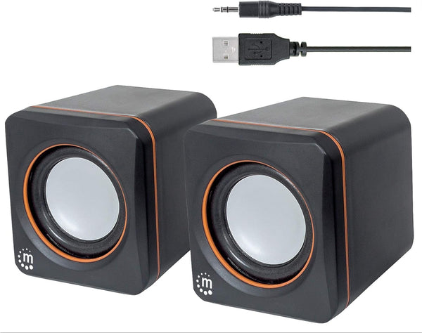 Manhattan USB Powered Stereo Speaker System, Small Size with Volume Control & 3.5 mm Aux Plug, Black Orange
