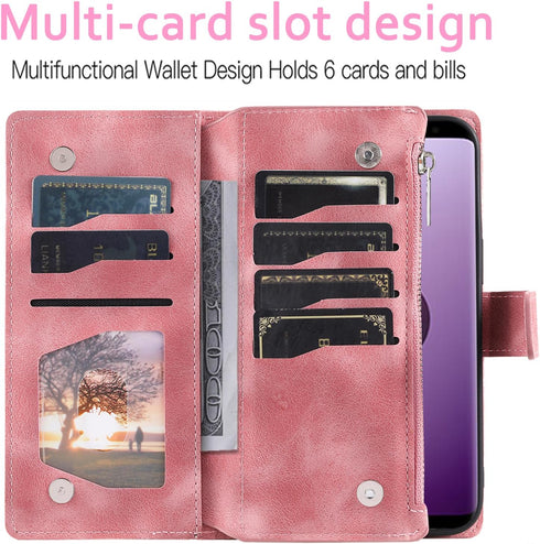 Asuwish Wallet Case for Samsung Galaxy S9 - Mandala Flower Leather, Zipper Card Holder, Tempered Glass, Rose Gold.