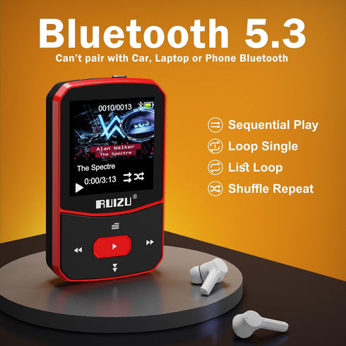 RUIZU 64GB Clip MP3 Player with Bluetooth 5.3, Portable Music Player with Voice Recorder, FM Radio, Red