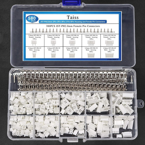 Taiss 580PCS JST PH Connector Kit, 2.0mm 2/3/4/5/6Pin Housing, Female and Male Adapter Cable Connector Plug