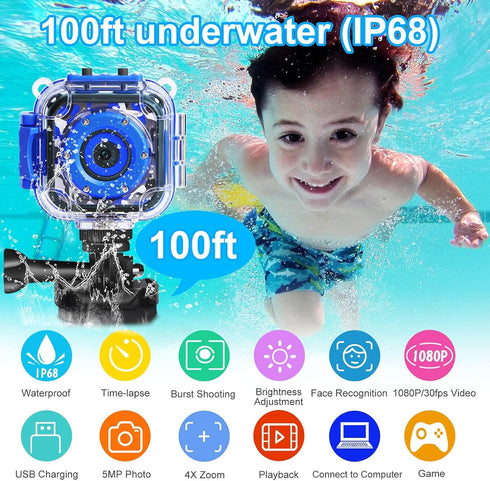 PROGRACE Kids Waterproof Camera for Boys, Gifts for Age 3-14, Underwater Video Camera with Card