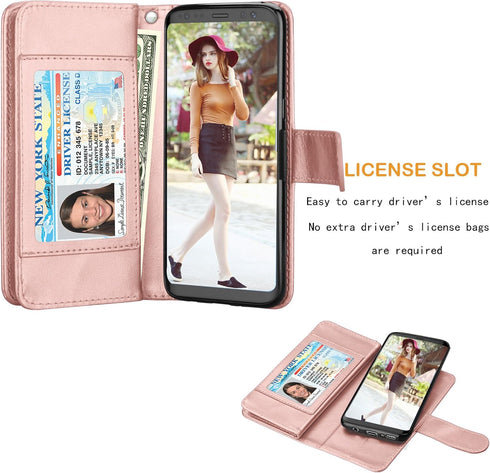 NJJEX Wallet Case for Galaxy S8, PU Leather, Rose Gold, 9 Card Slots, Detachable, Kickstand, Magnetic