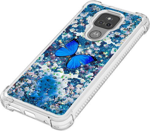 Moto G Play 2021 Case with Tempered Glass Screen Protector - Glitter Bling Floating Liquid Sparkle Soft TPU Case, Blue