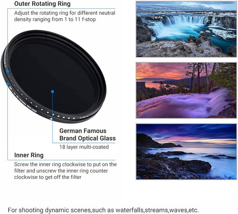 JJC 67mm ND Filter ND2-2000 VND Variable Neutral Density Adjustable Fader for Sony FE 24mm f1.4, FE 20mm f1.8 G, Sigma