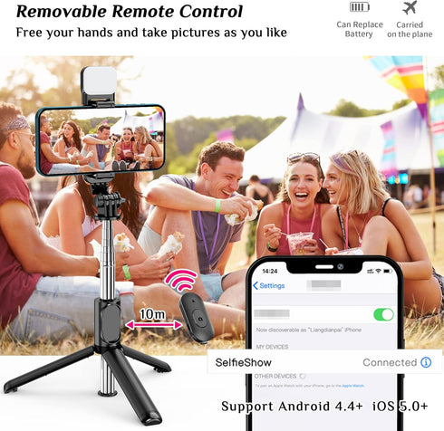 Selfie Stick Tripod with Fill Light, Extendable Selfie Stick with Detachable Wireless Remote, Flexible Phone Tripod