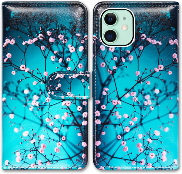 Case for iPhone 12 Mini - Plum Blossom Leather Flip Wallet Cover with Card Slot Holder Kickstand