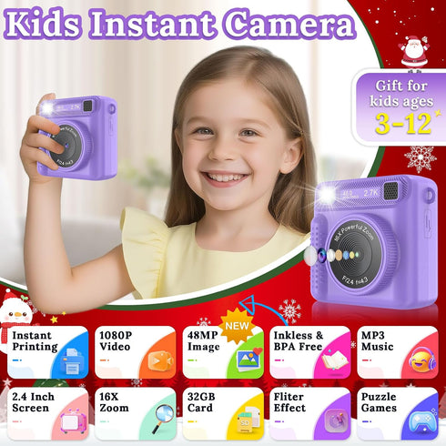 JPVERLY 1080P 32GB 3-12 Kids Camera Instant Print, HD Digital Video Recorder with SD Card, Christmas Birthday Gifts