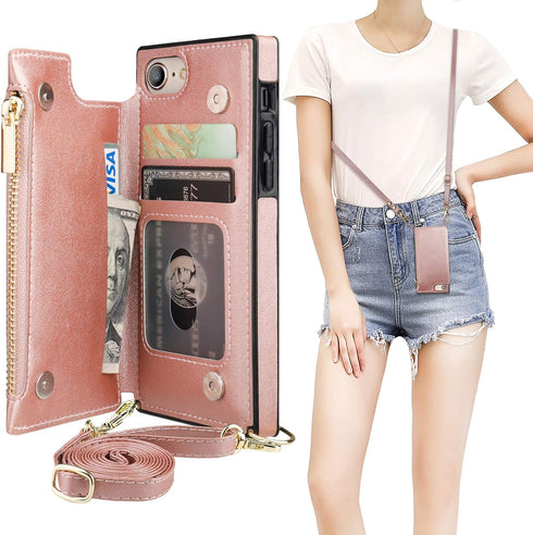 Bocasal Crossbody Wallet Case for iPhone SE 2022/SE 2020/7/8, Shockproof Purse Cover with Card Holder, Rose Gold