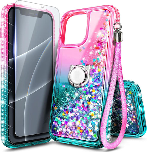 NGB Designed for iPhone 11 Pro-Max Case, Pink/Aqua Glitter Liquid Sparkle Cover with Accessories