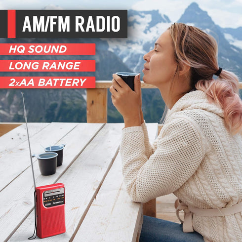 PowerBear Portable Radio | AM/FM, 2AA Battery Operated with Long Range Reception for Indoor, Outdoor & Emergency Use | Radio with Speaker & Headphone Jack (Red)