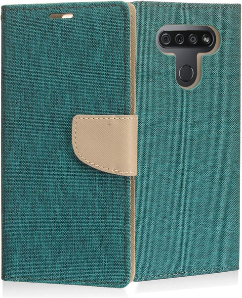 Denim Fabric Wallet Phone Case for LG K51, LG Reflect (LM-K500) - CT5 Gray/Navy Blue