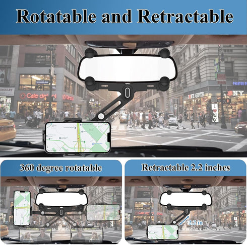 Phone Mount for Car, Rear View Mirror Holder, Rotatable and Retractable for Car Compatible with iPhone Samsung All 4-7