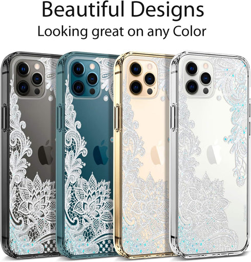 Coolwee Clear Glitter Compatible with iPhone 12 Pro Max Case, Thin Flower Cute Crystal Lace Bling Protective Cover