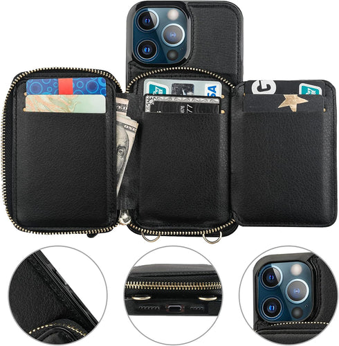 Bocasal RFID Blocking Wallet Case for iPhone 13 Pro Max, Adjustable Crossbody Zipper Purse with Kickstand, Black