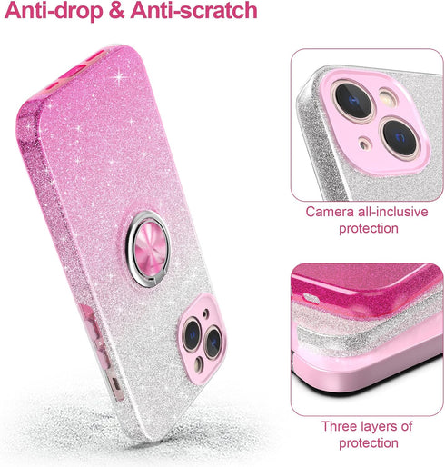 Slim Glitter Case for iPhone 13 with 360° Ring Holder Kickstand, Shock-Absorbent Protective Cover (Pink)