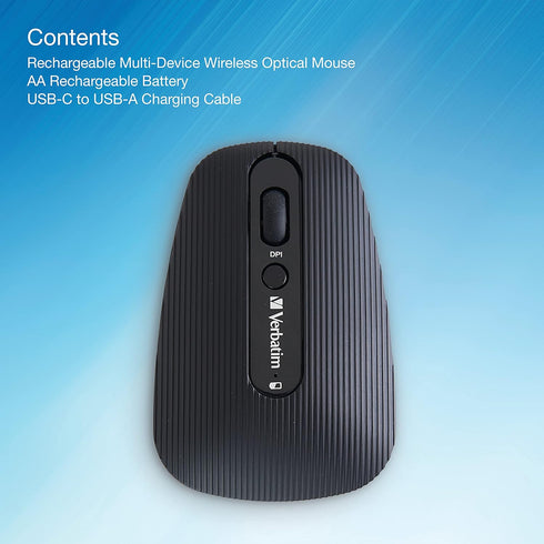 Verbatim Rechargeable Multi-Device Bluetooth 5.0 USB 2.4Ghz Wireless Optical Mouse with Adjustable DPI, Black 70755