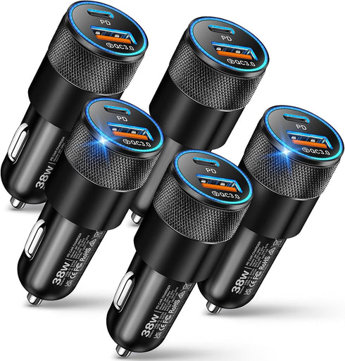 USB C Car Charger, 5 Pack 38W Dual Ports USB-C & USB-A Fast Charging Adapter for iPhone 15 14 13 12, Samsung S24
