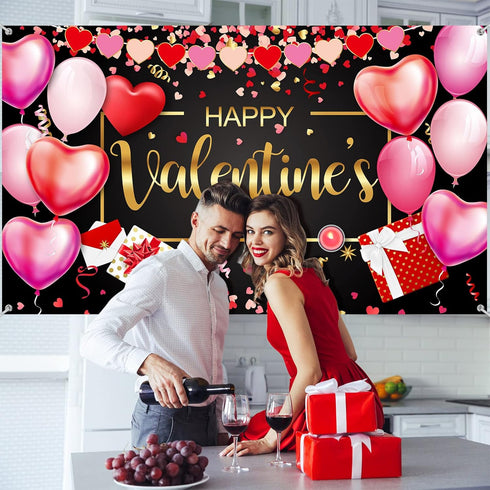 Sumind Happy Valentine‘s Day Banner 73''x43'' Heart Photography Backdrop for Valentines Day Party Decorations