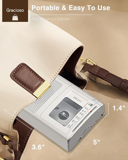Gracioso Portable Cassette Player Recorder with Bluetooth Transmitter, AM FM Walkman with Headphone Jack, Big Speaker,