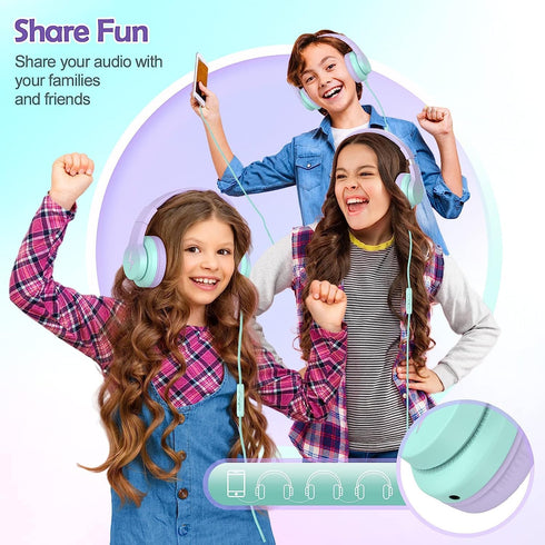 Gradient Purple Kids Headphones - Wired Over Ear with Microphone, 85/94dB Volume Limiter, Foldable, Sharing Jack.