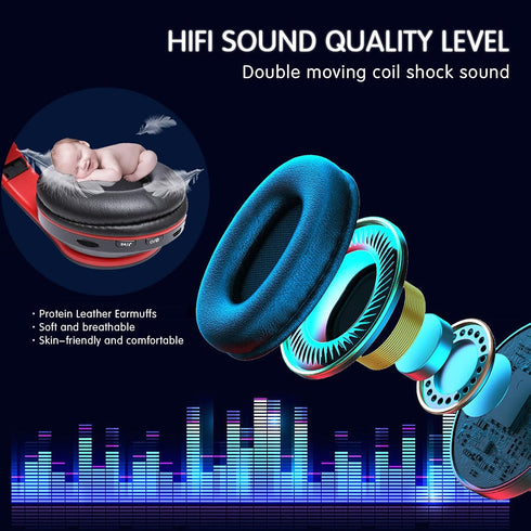 Bluetooth Wireless Over Ear Headphones, HiFi Stereo Sound Foldable Headphones with Colorful LED Lights, Built-in Mic,