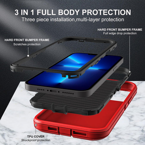 for iPhone 13 Pro Max Case, Military Grade 3 in 1 Heavy Duty Shockproof Case with 2Pcs Tempered Glass Screen Protector