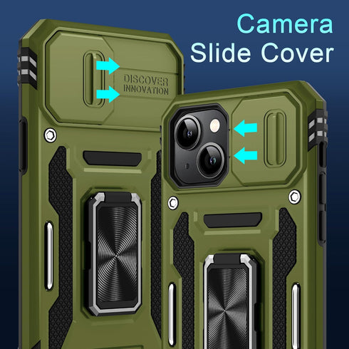 DEERLAMN iPhone 13 & 14 Case, Olive Green, Military Grade Shockproof, Slide Camera Cover + 2 Screen Protectors,
