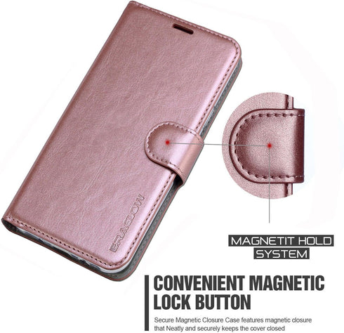 Galaxy A10E Wallet Case - Premium PU Leather Flip Cover with Card Slots & Kickstand, Rose Gold