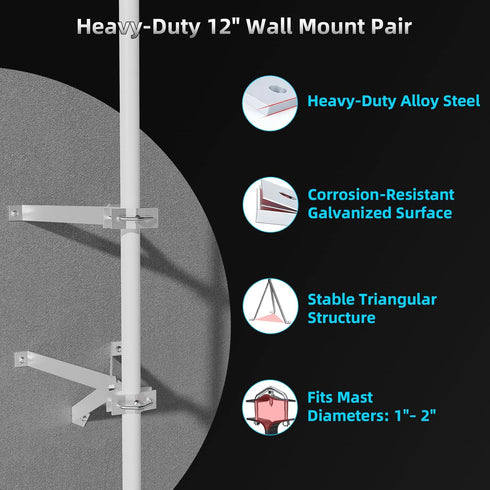 12" 2 Heavy-Duty Antenna Mount Bracket, Adjustable Antenna Mast Mount, Waterproof Wall Mount Pair for TV Antenna Mast