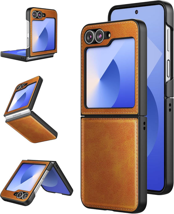 Foluu Samsung Galaxy Z Flip 6 5G Case, Yellow Leather + Hard PC Shell Ultra Thin Slim Durable Protective Cover