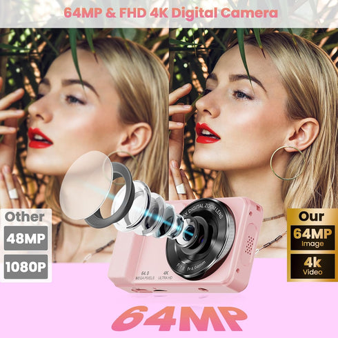 Hoestr 64MP 4K 18X 64GB 2.8" Digital Camera, Zoom Autofocus Point and Shoot Compact Camera with TF Card, Flash, LCD