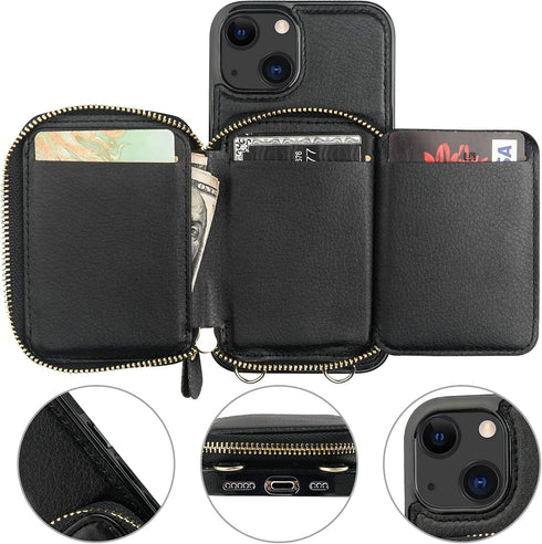 Bocasal RFID Blocking Wallet Case for iPhone 14/13, Adjustable Crossbody Zipper Purse with Kickstand