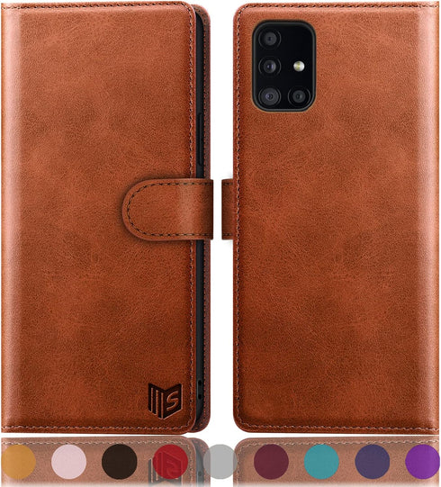 SUANPOT Leather Wallet Case for Samsung Galaxy A71 5G, RFID Credit Card Holder Flip Folio Cover, Light Brown