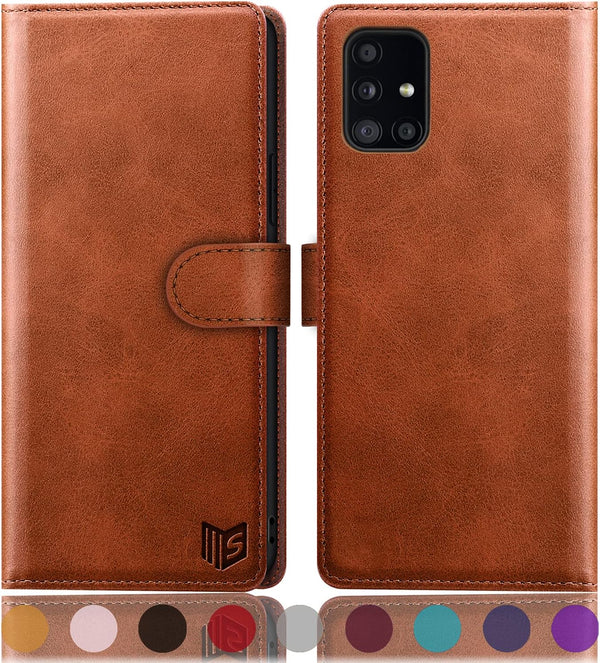 SUANPOT Leather Wallet Case for Samsung Galaxy A51 5G - RFID Blocking Flip Folio Book Phone Case, Light Brown