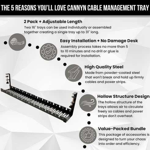 No Drill Under Desk Cable Management Tray, Extendable Steel Desk Cord Hider, Under Desk Cable Tray Holder, 2 Pack
