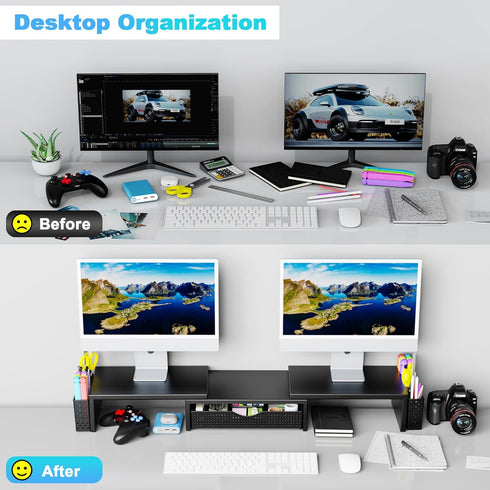 2 Spacrea Metal Desk Organizers and Accessories, Dual Monitor Stand Riser with Drawer and Pen Holders, Book Racks, Desk