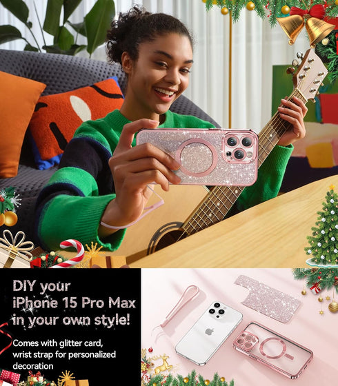 Meifigno Candy Mag Series Case for iPhone 15 Pro Max, Rose Gold, Full Camera Protection, MagSafe Compatible, Glitter