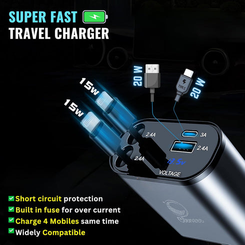 Retractable Car Charger 4 in 1 Fast Car Phone Charger - 66W with 2 Retractable Lightning Cords, USB-A & USB-C Ports to Rapidly Charge 4 Devices at Once Compatible with iPhone 15/14/13/12,Galaxy,Pixel