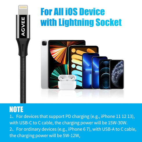 AGVEE 4 inch 30W USB-C to Lightning Cable Adapter, Type-C to 8 Pin Male Fast Charging for iPhone 13 12 11, Black